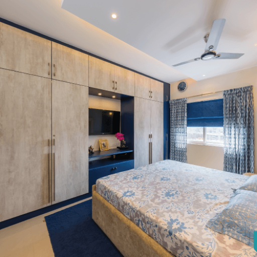 a bedroom with ample storage