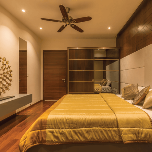 a classy bedroom with sliding wardrobe