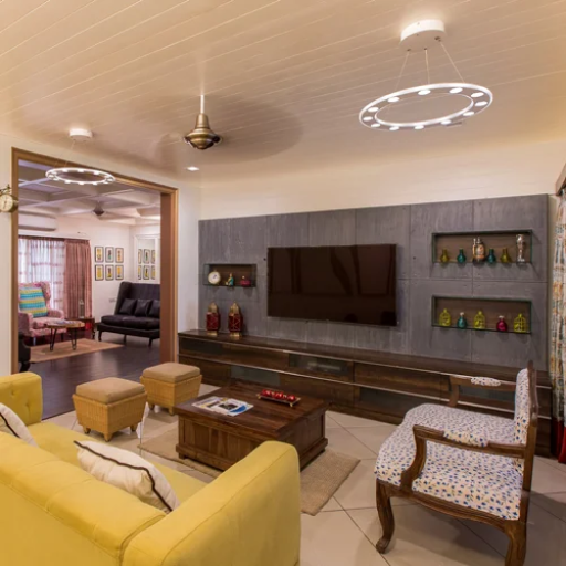 living room with open shelves